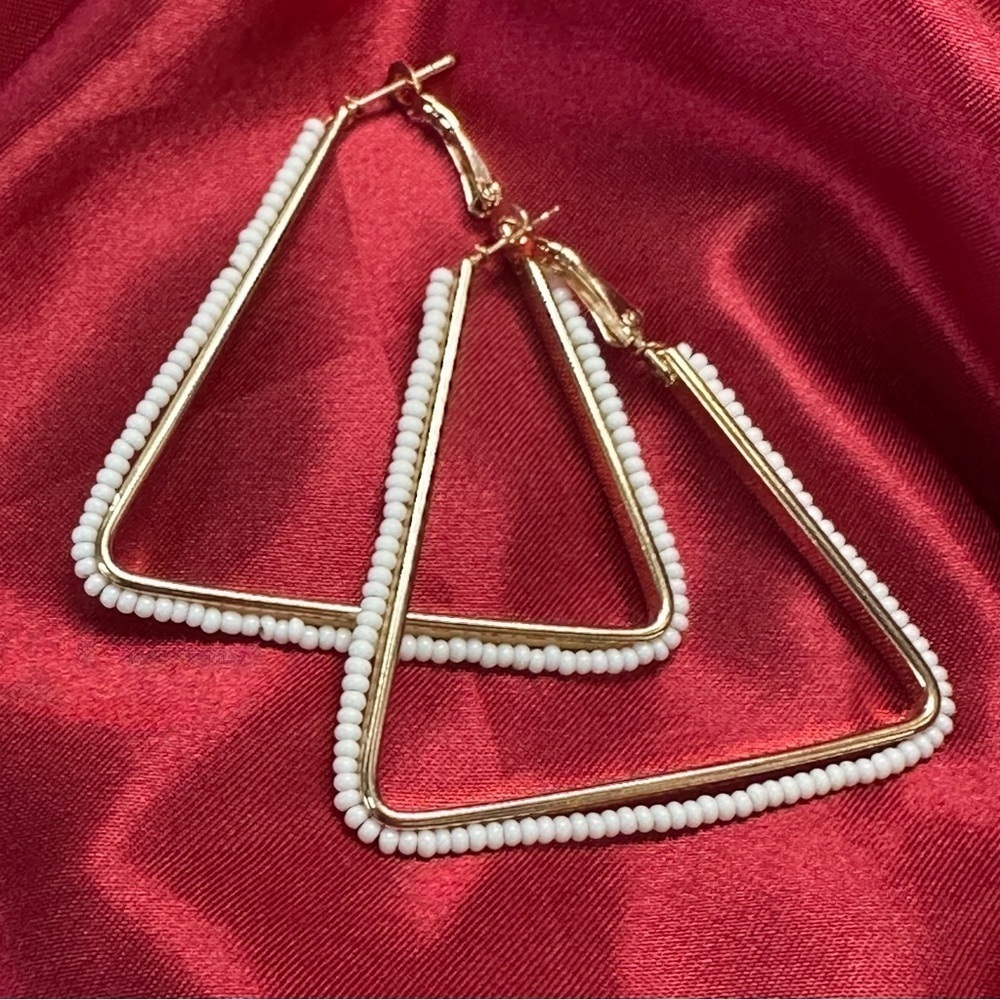 White Beaded Triangle Hoop Earrings | Bold Geometric Statement Jewelry | NWT
